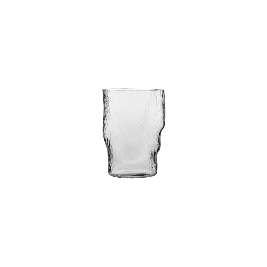 Two minimalist NUDE Glass Barduck long drink glasses crafted from clear crystal on a seamless white background.