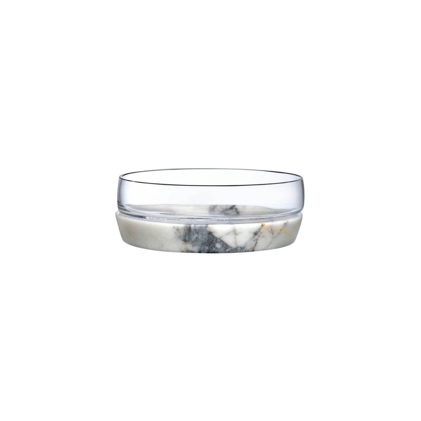 Clear crystal serving bowl separated from its sculptural white marble cooling base