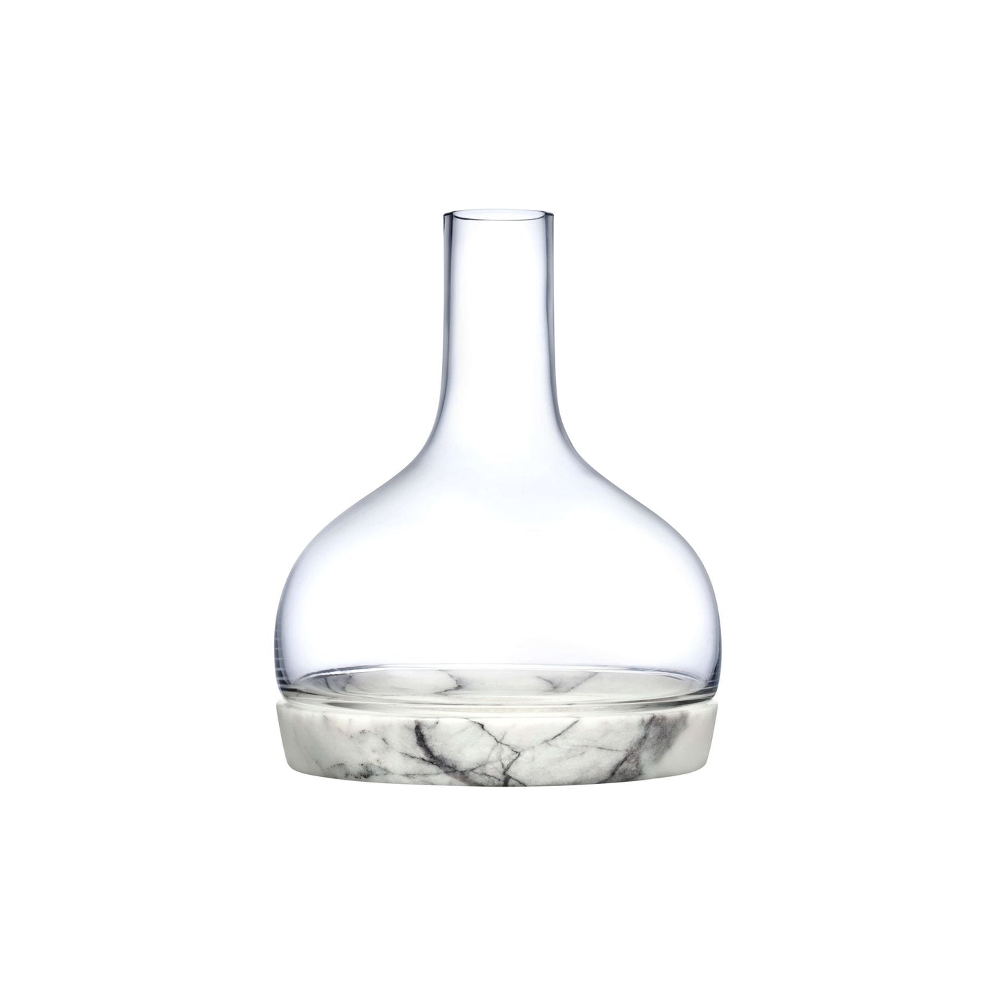 Modern lead-free crystal carafe resting inside a contoured solid marble chilling base.