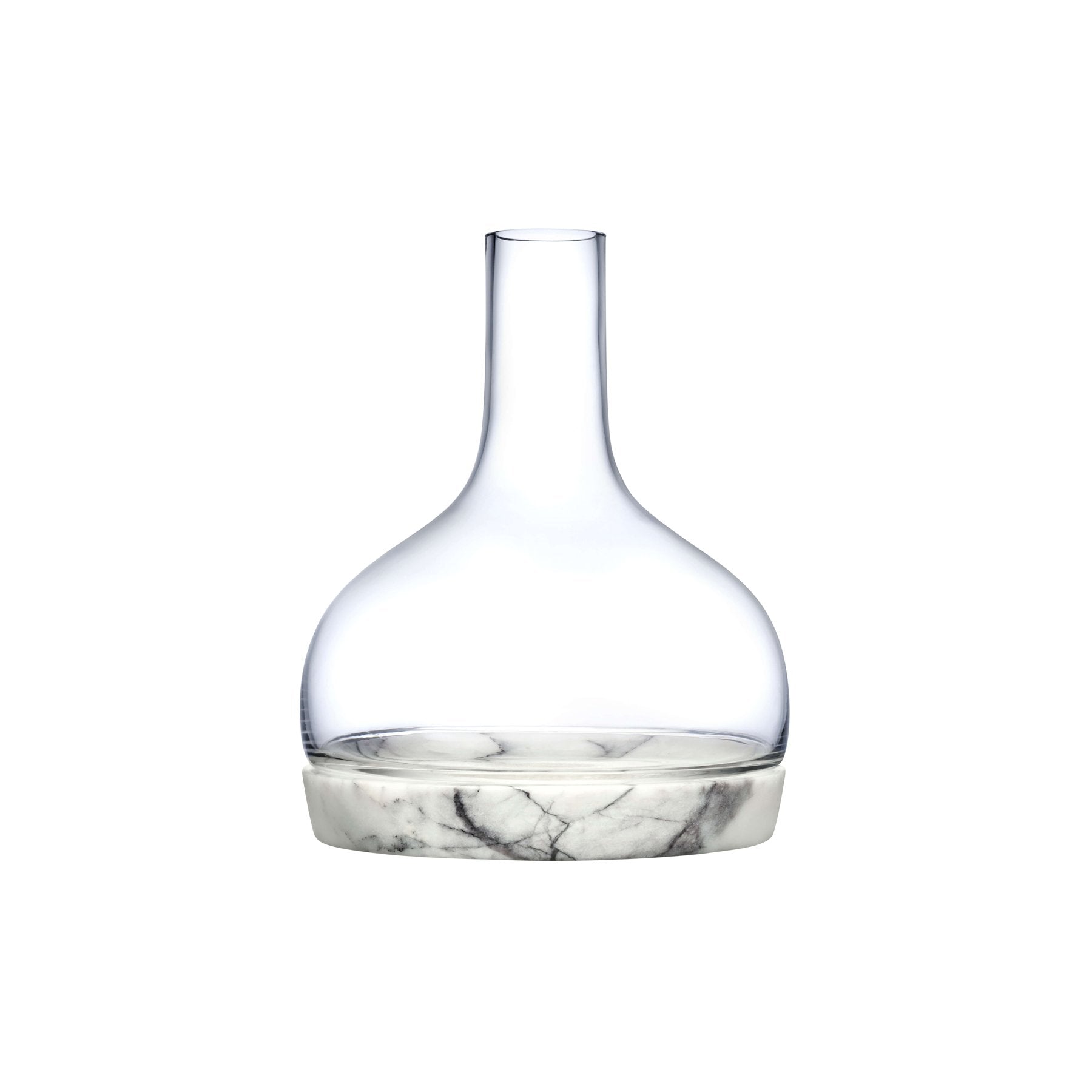 Modern lead-free crystal carafe resting inside a contoured solid marble chilling base.