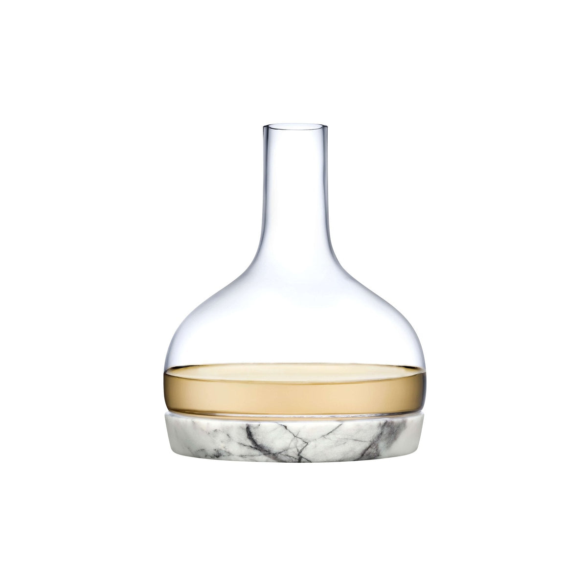 Minimalist crystal carafe with a white marble base on a clean white background.