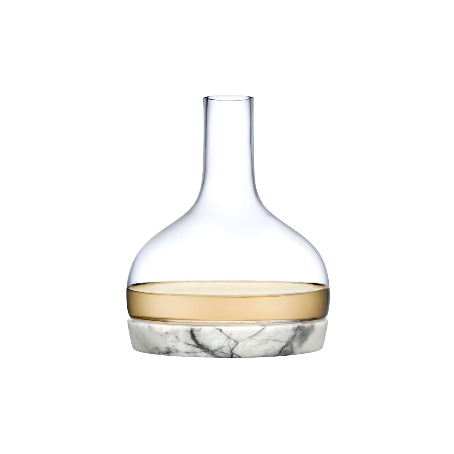Minimalist crystal carafe with a white marble base on a clean white background.
