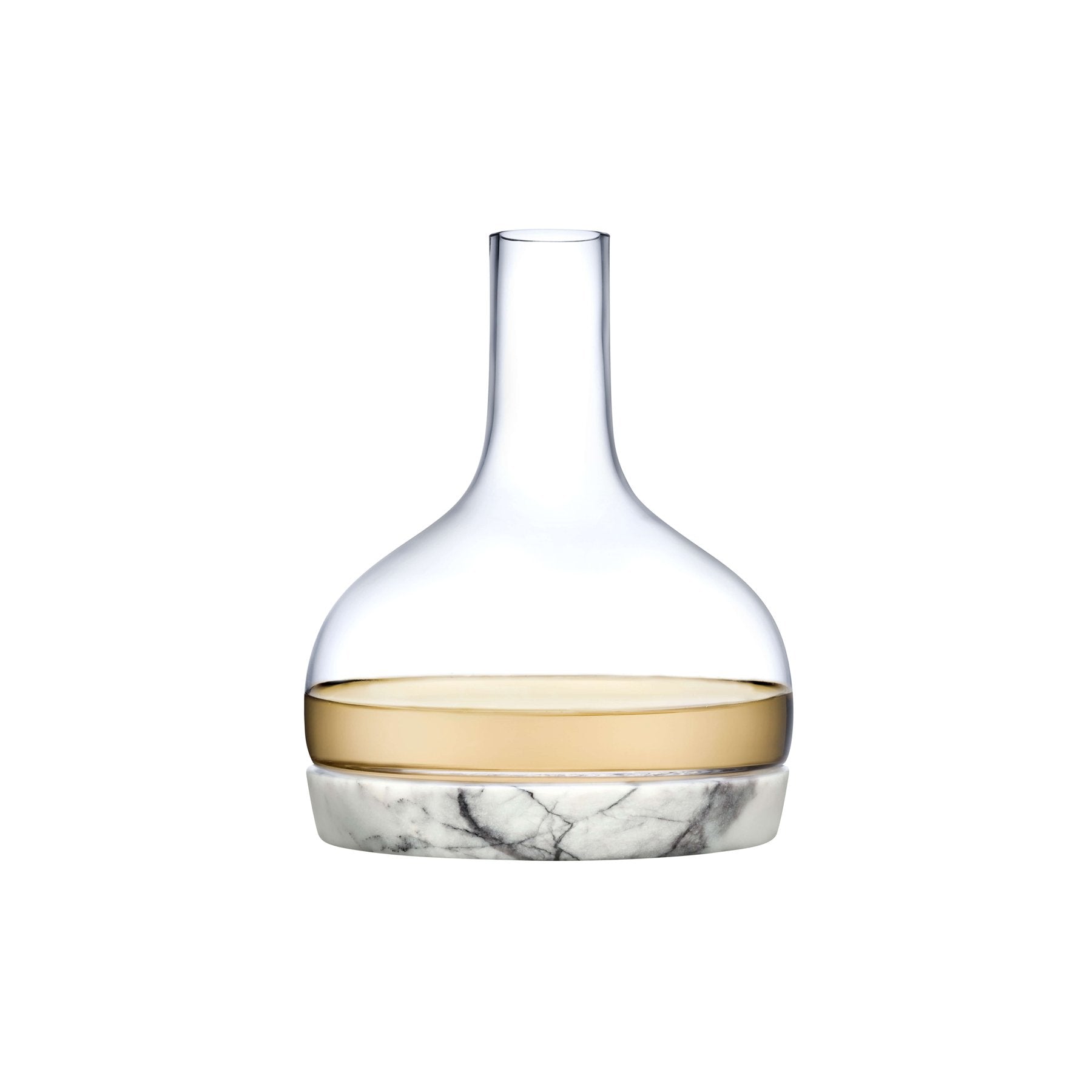 Minimalist crystal carafe with a white marble base on a clean white background.