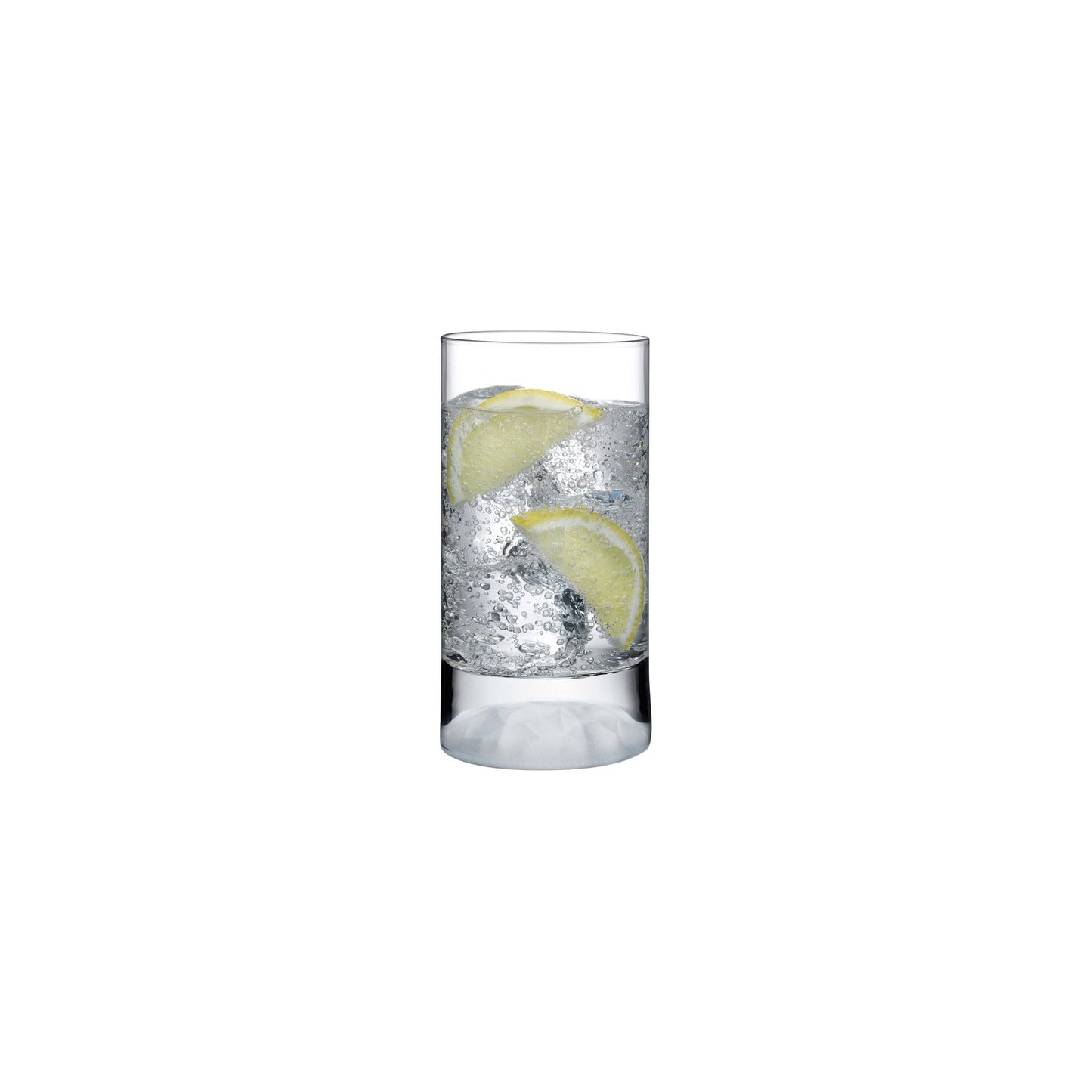 Set of four NUDE Glass Club Ice small highball glasses, showcasing their geometric shape and textured crystal bases.