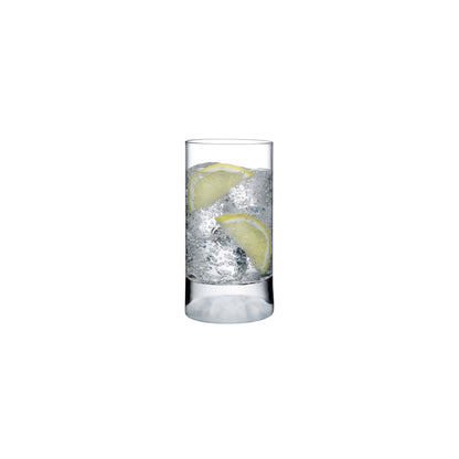 Set of four NUDE Glass Club Ice small highball glasses, showcasing their geometric shape and textured crystal bases.