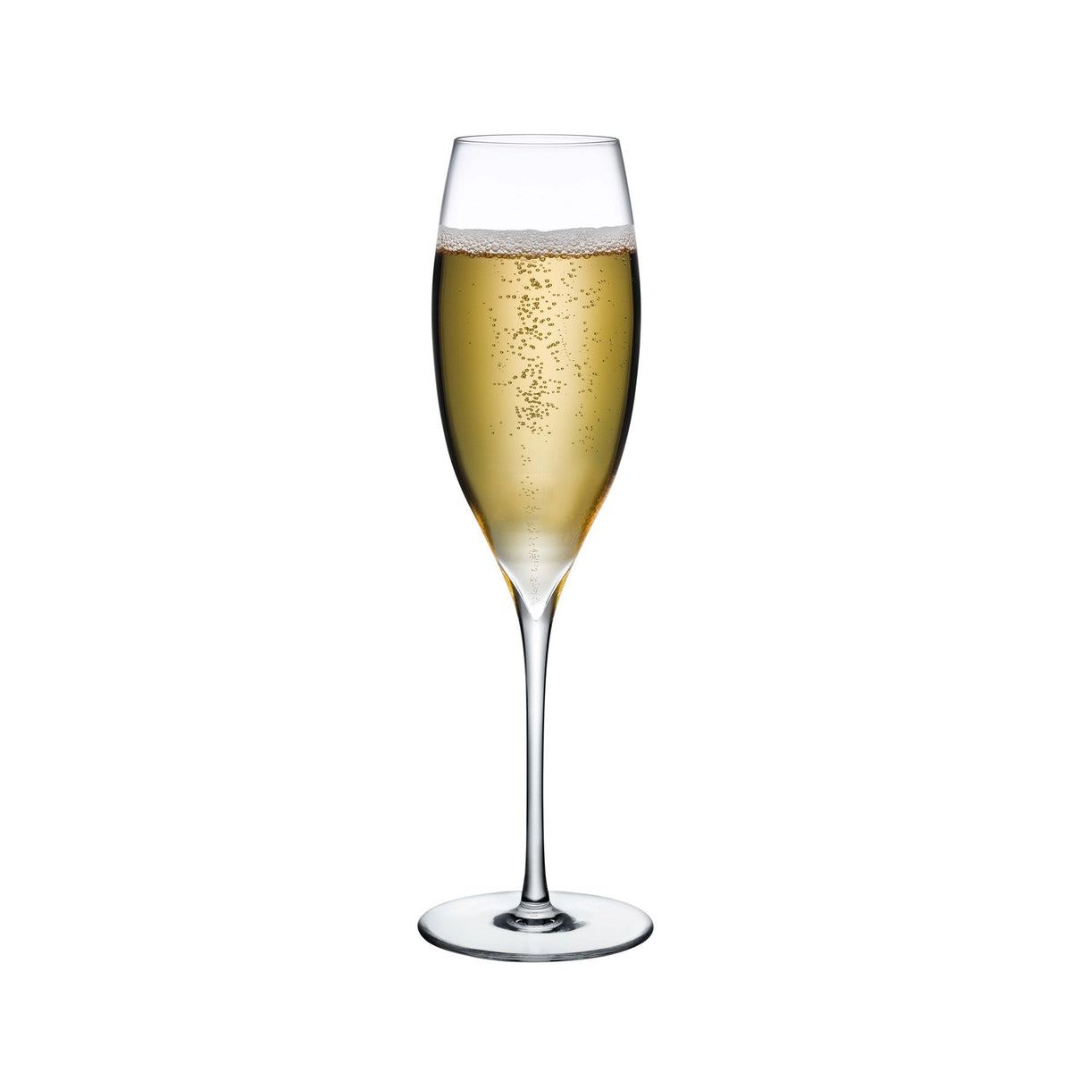 Sleek Dimple minimalist lead-free crystal champagne glass by NUDE Glass, highlighting its modern stem and base detail.