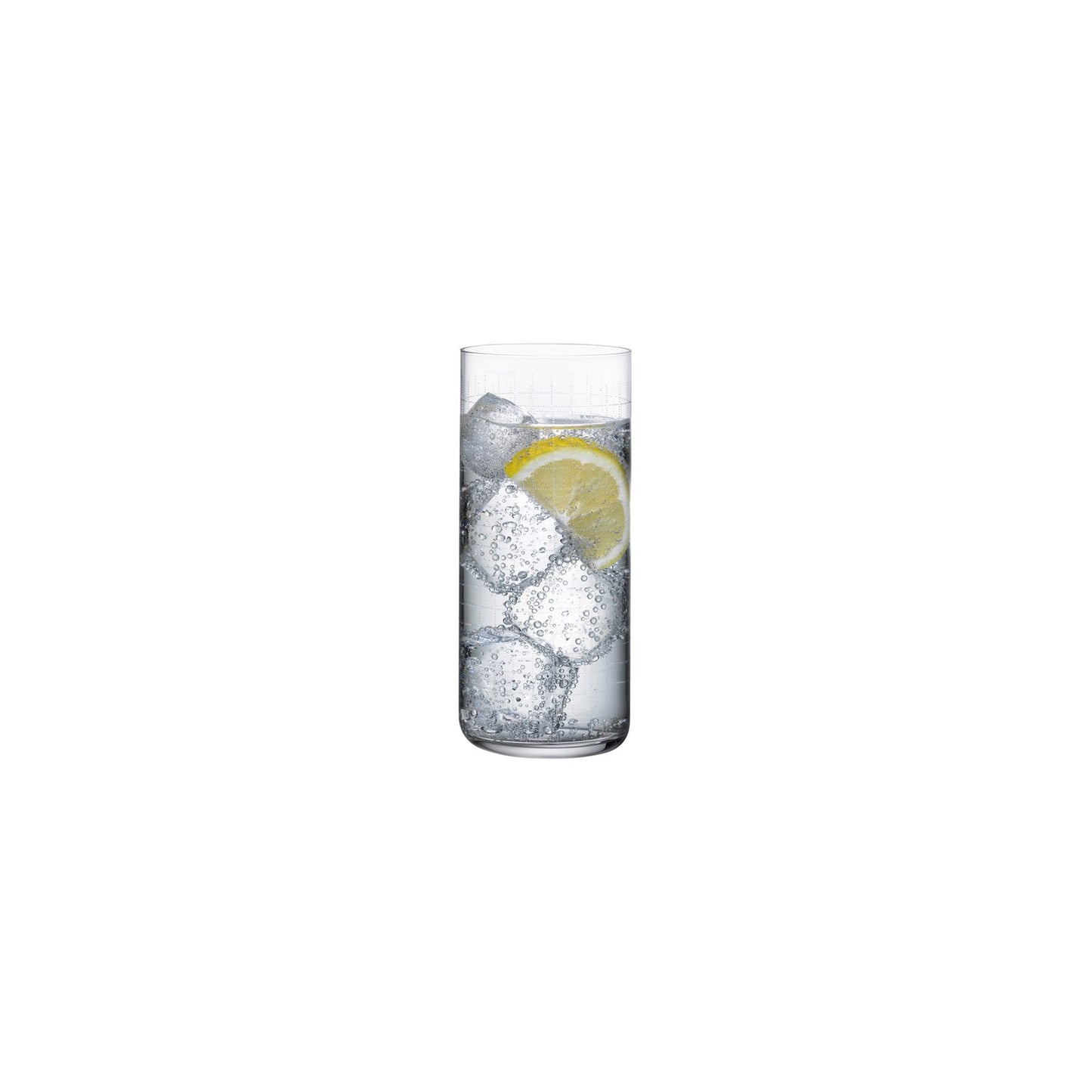 NUDE Glass Finesse Grid long drink highball glass showcasing the delicate etched pattern on a clean background.