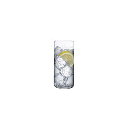 NUDE Glass Finesse Grid long drink highball glass showcasing the delicate etched pattern on a clean background.