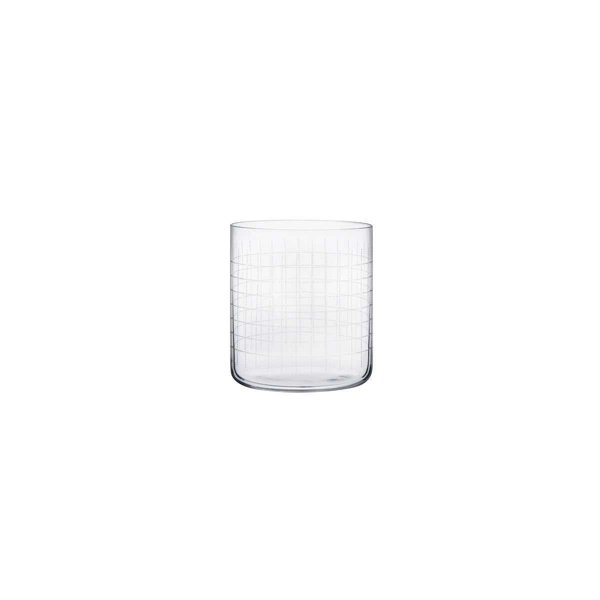 A single NUDE Finesse Grid crystal whiskey glass showing the detailed etched grid pattern on a plain background.