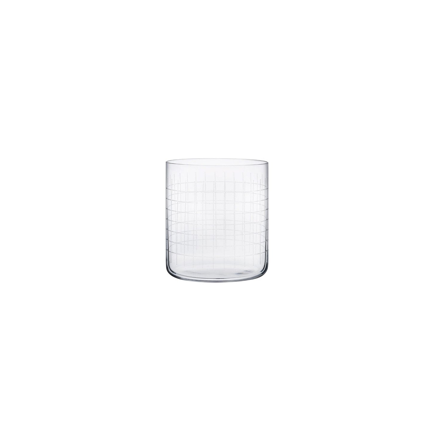 A single NUDE Finesse Grid crystal whiskey glass showing the detailed etched grid pattern on a plain background.