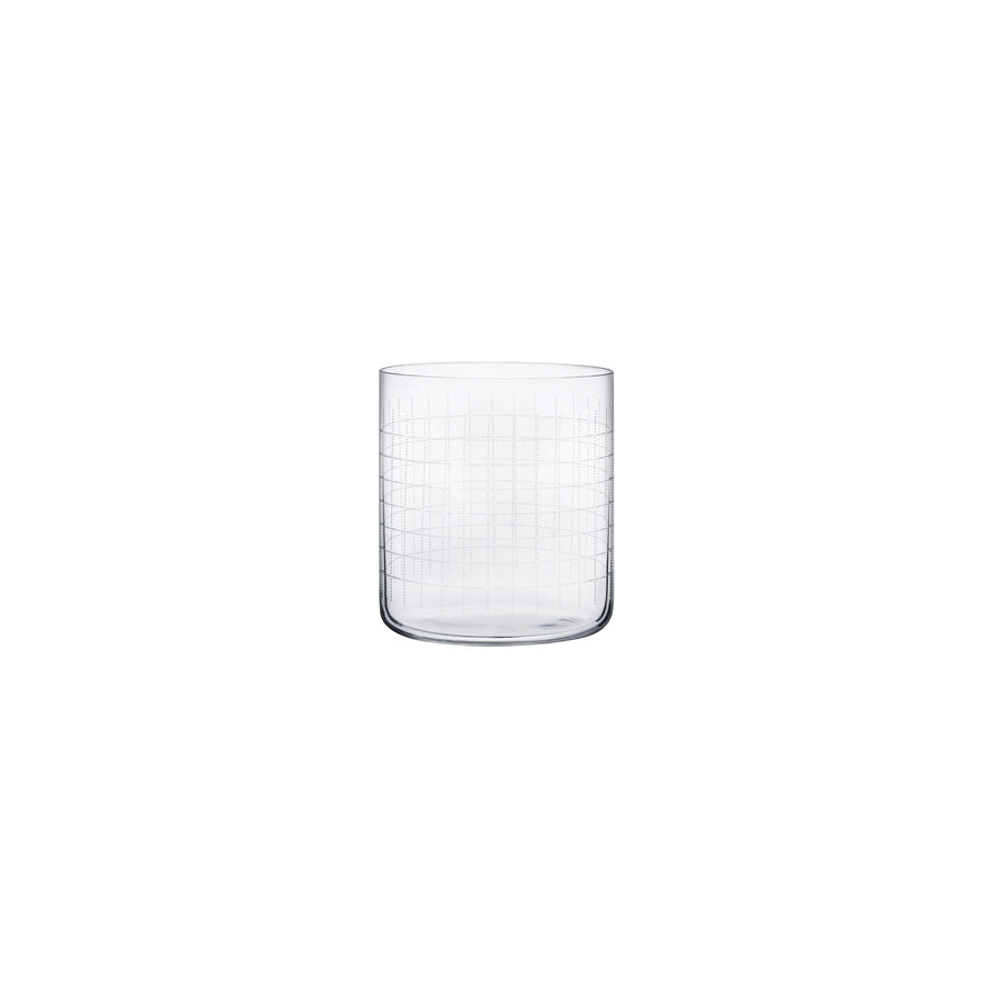 A single NUDE Finesse Grid crystal whiskey glass showing the detailed etched grid pattern on a plain background.