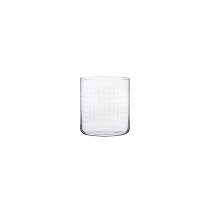 A single NUDE Glass Finesse Grid lead-free crystal whiskey glass displaying its etched grid pattern against a white background.
