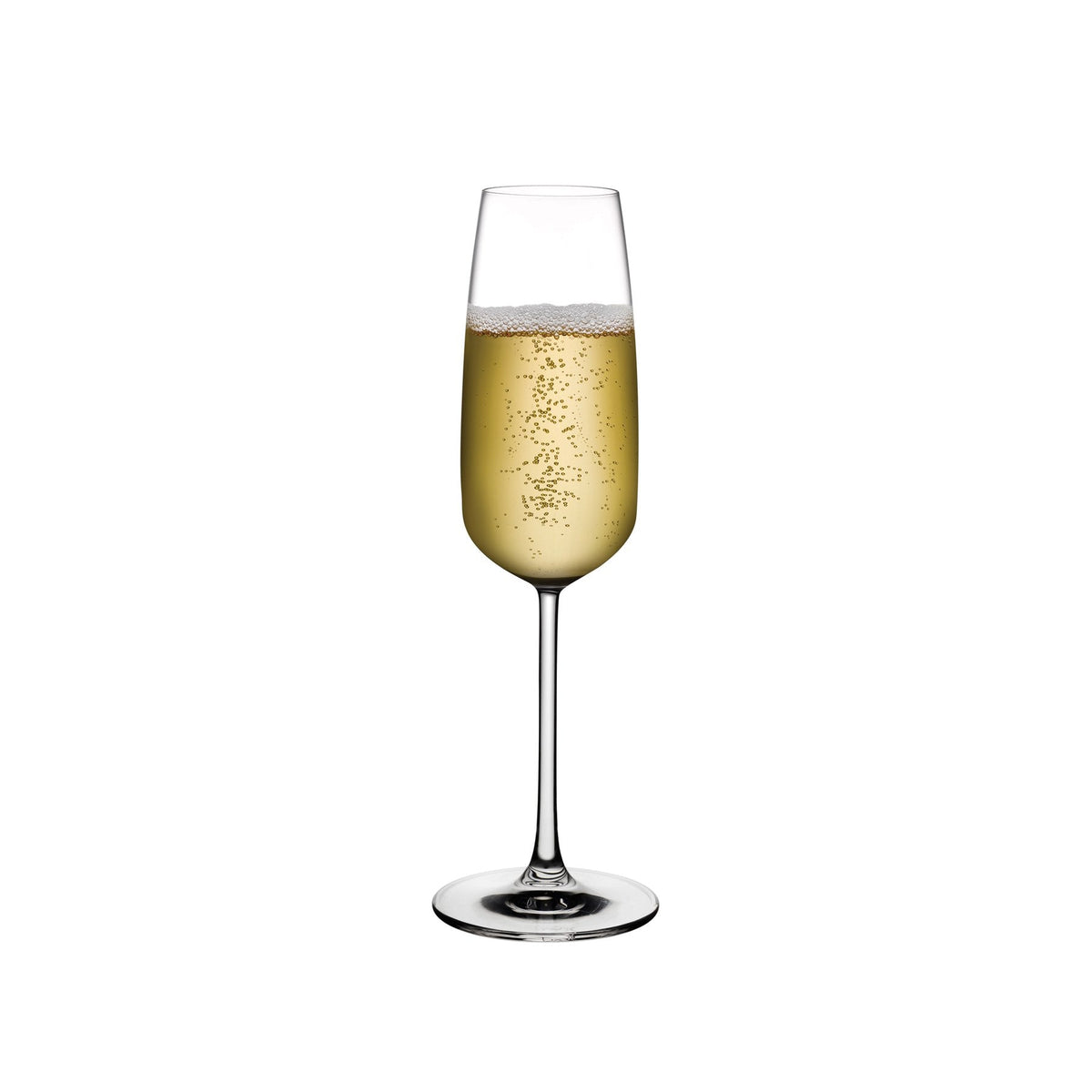 A single Mirage crystal champagne glass by NUDE Glass, displaying a minimalist design with a slender stem.