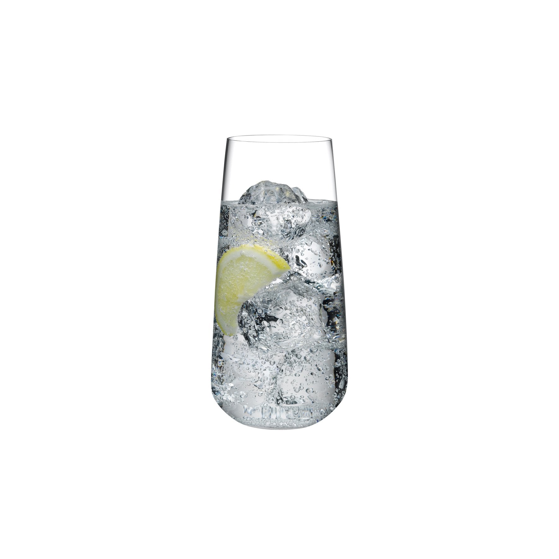 A single sleek lead-free crystal Mirage highball glass by NUDE Glass, highlighting its minimalist, clean lines.
