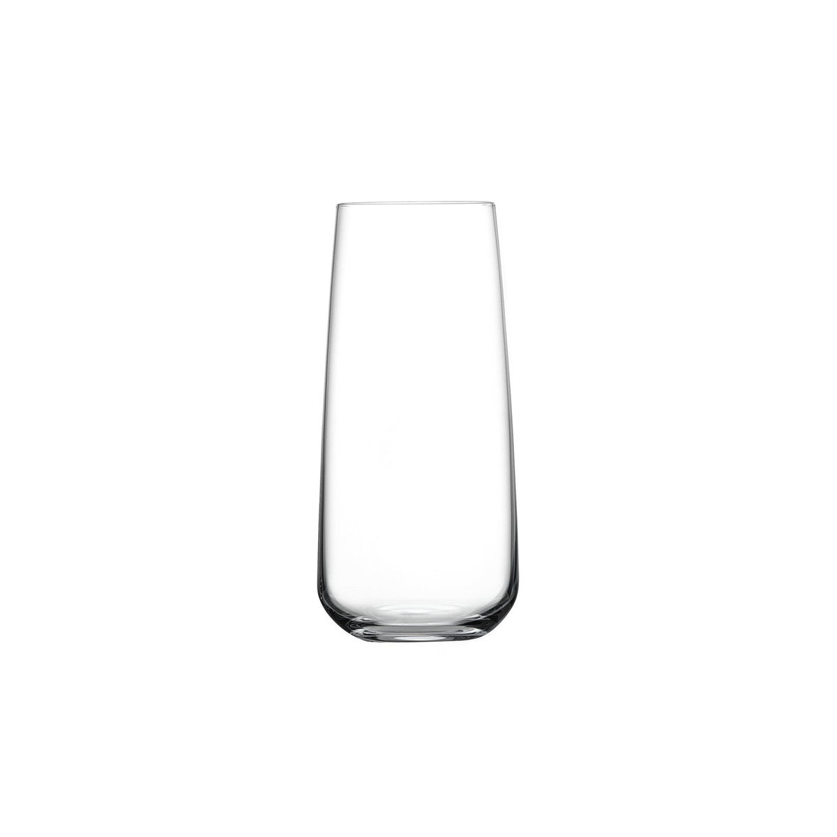 Front view of the sleek Mirage crystal long drink glass on a white backdrop.