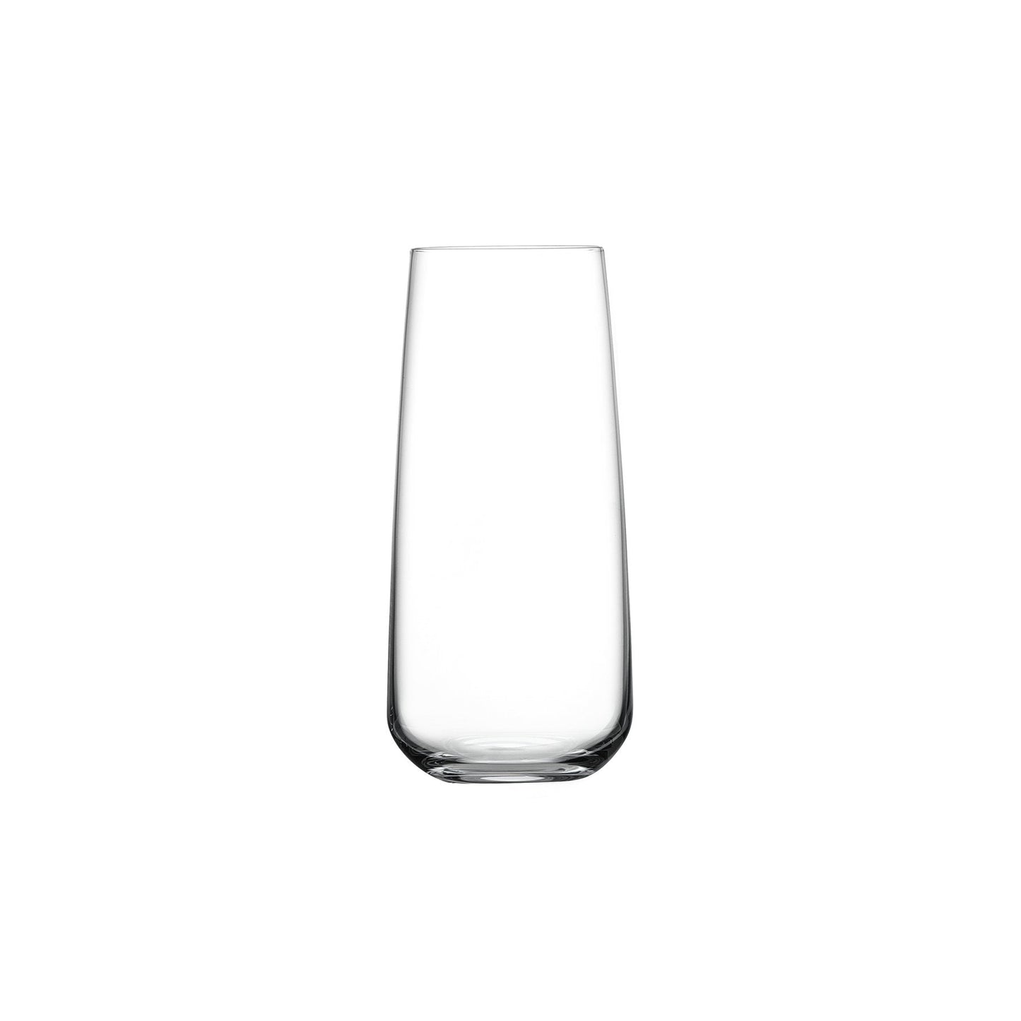 Front view of the sleek Mirage crystal long drink glass on a white backdrop.