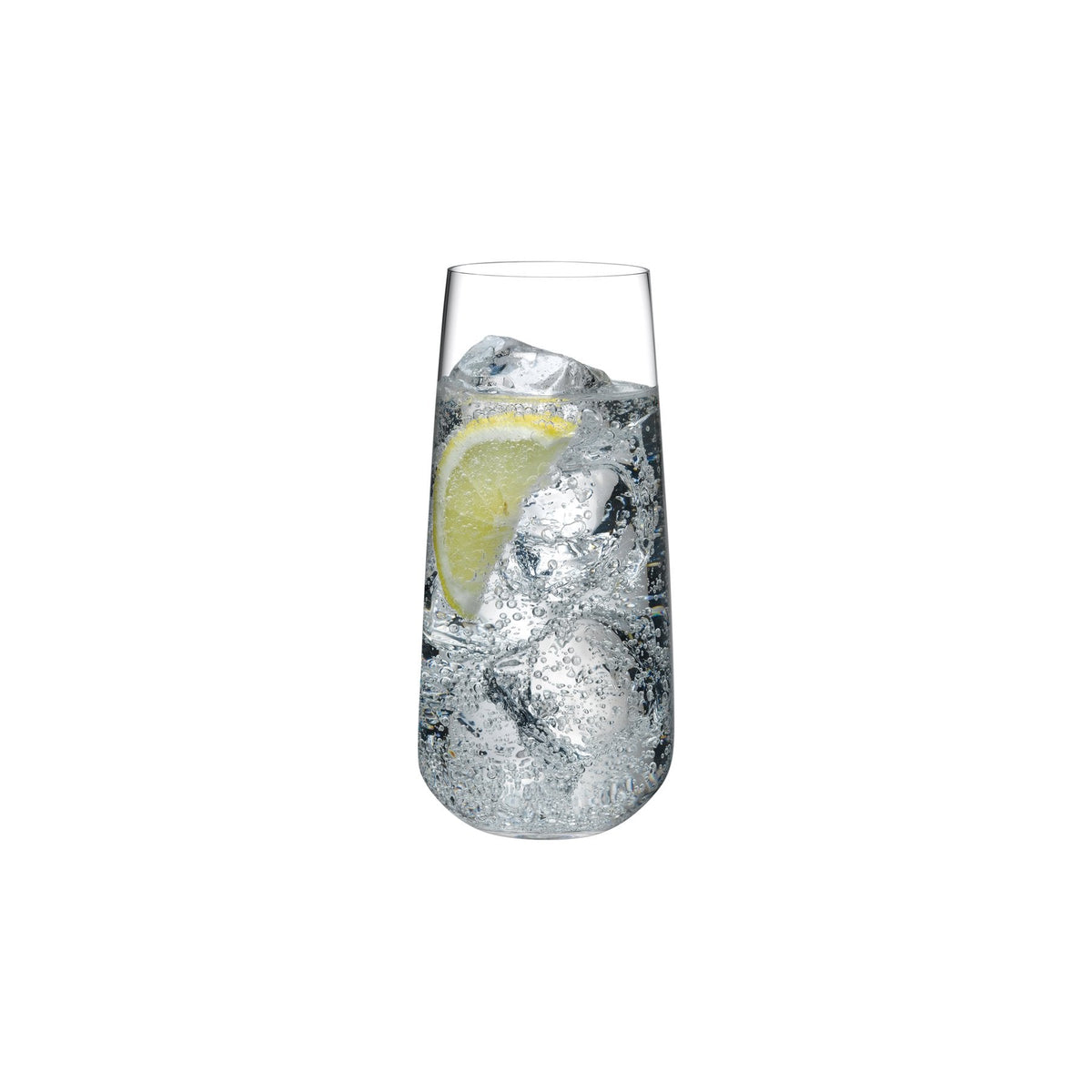 A clear NUDE Glass Mirage highball tumbler showcasing its modern, tapered lead-free crystal design.