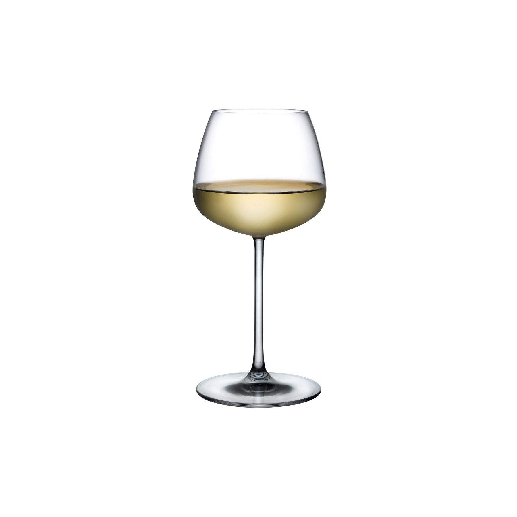 A single elegant NUDE Mirage white wine glass crafted from lead-free crystal against a minimalist background.