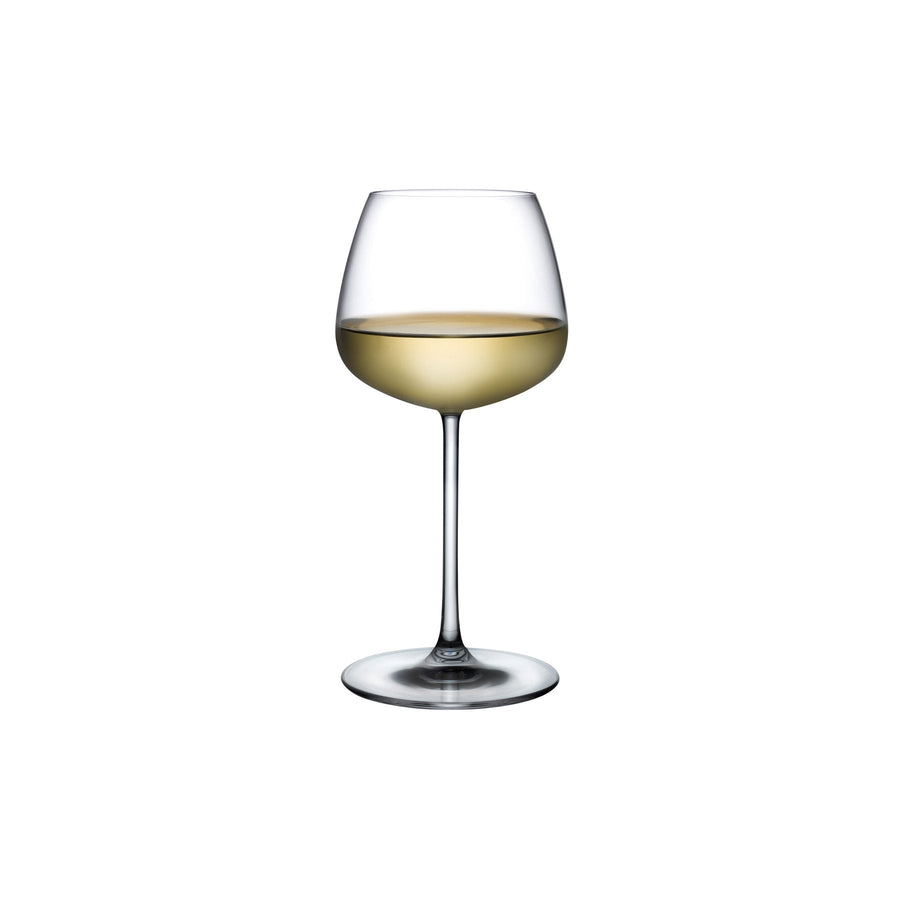 A single elegant NUDE Mirage white wine glass crafted from lead-free crystal against a minimalist background.
