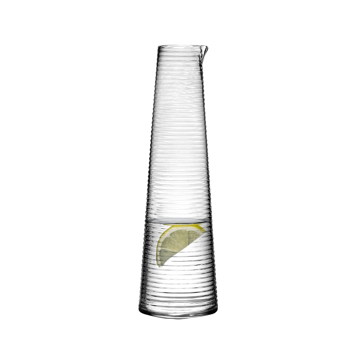 Sleek lead-free crystalline glass carafe highlighting its sculptural silhouette.