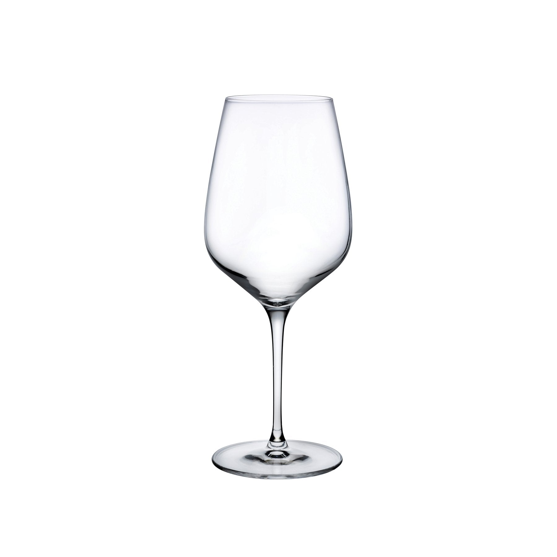 A pair of elegant Refine crystal wine glasses by NUDE Glass on a clean surface.