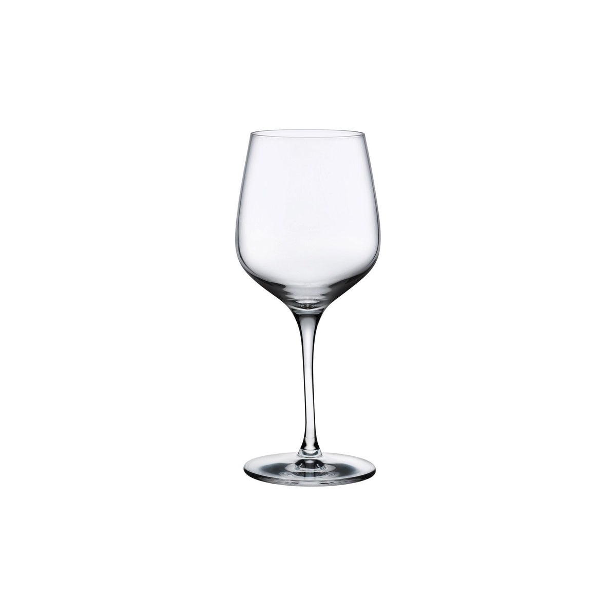 The elegant profile of a NUDE Glass Refine crystal white wine glass, highlighting its modern stem and clear bowl.