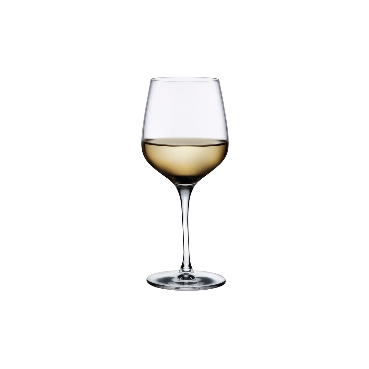 A single NUDE Glass Refine crystal white wine glass standing upright against a clean, neutral background.