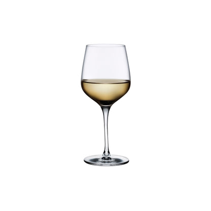 A single NUDE Glass Refine crystal white wine glass standing upright against a clean, neutral background.