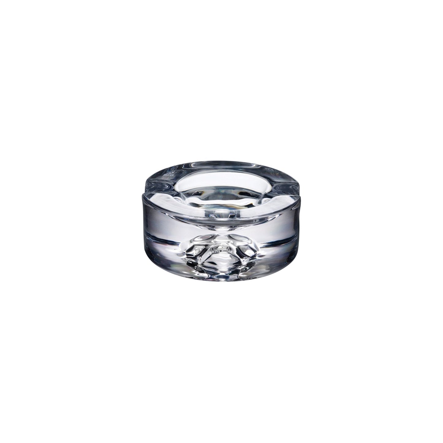 Minimalist NUDE Glass Shade crystal cigar ashtray with a thick, sculptural clear base.