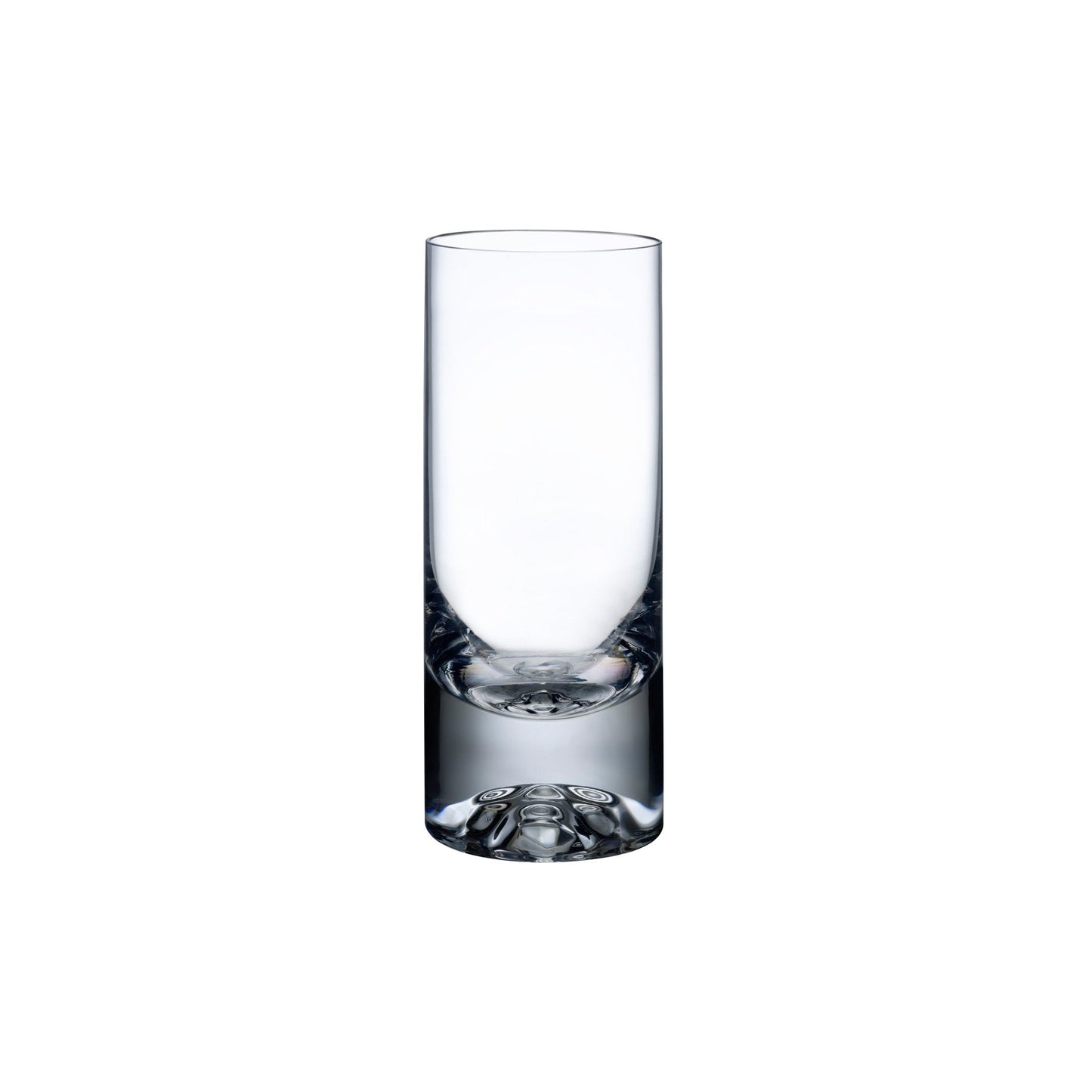 Close-up of the lead-free crystal highball glass by NUDE Glass, emphasizing its exceptional clarity and thick base.