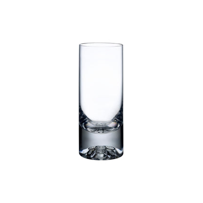 Close-up of the lead-free crystal highball glass by NUDE Glass, emphasizing its exceptional clarity and thick base.