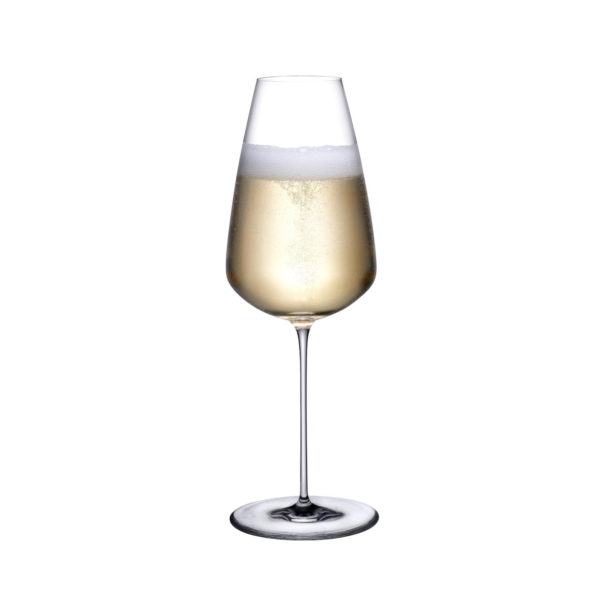 Handmade NUDE Glass Stem Zero Champagne Grand Cru glass standing against a neutral studio background.