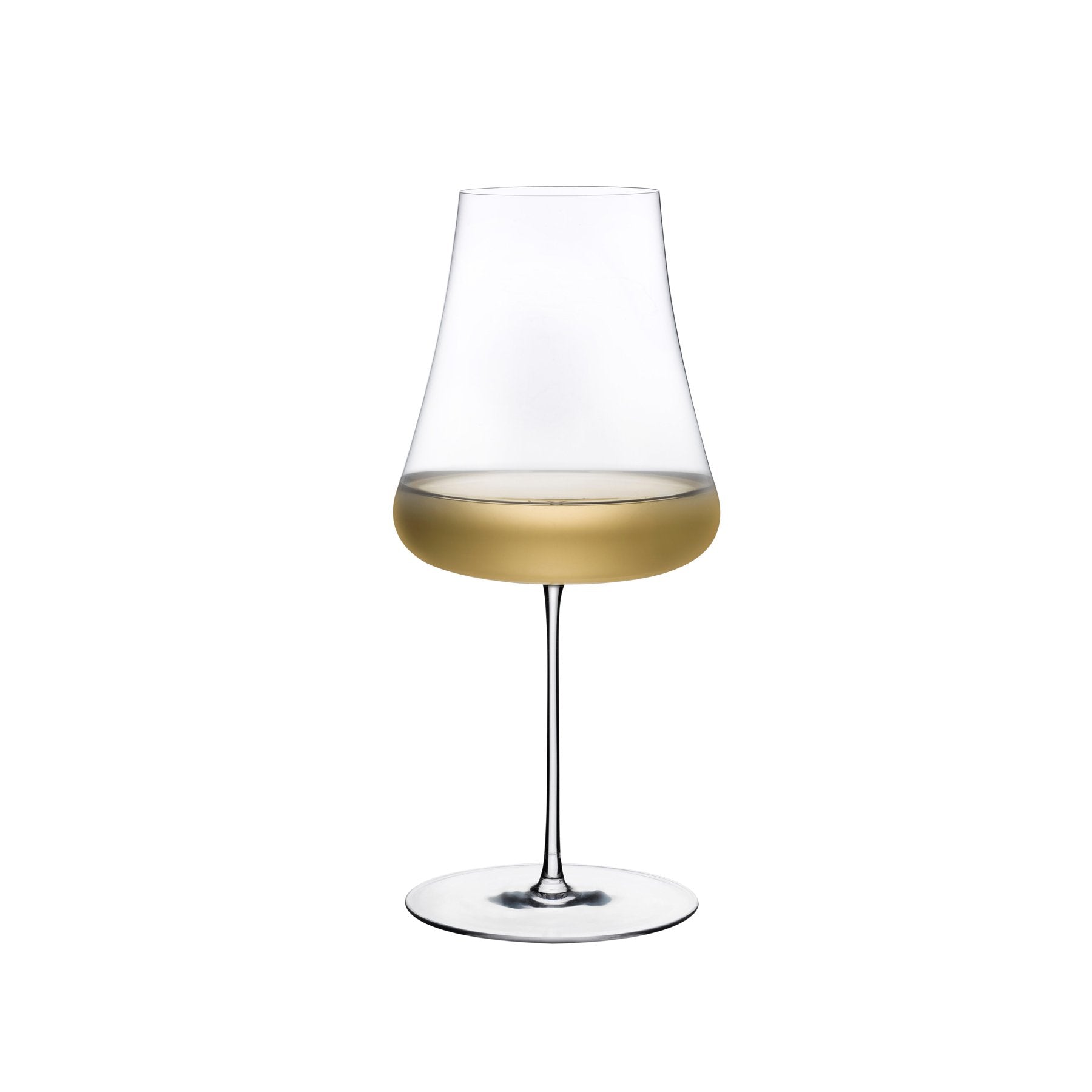 NUDE Glass Stem Zero Volcano white wine glass showcasing its sleek silhouette and delicate stem against a white backdrop.