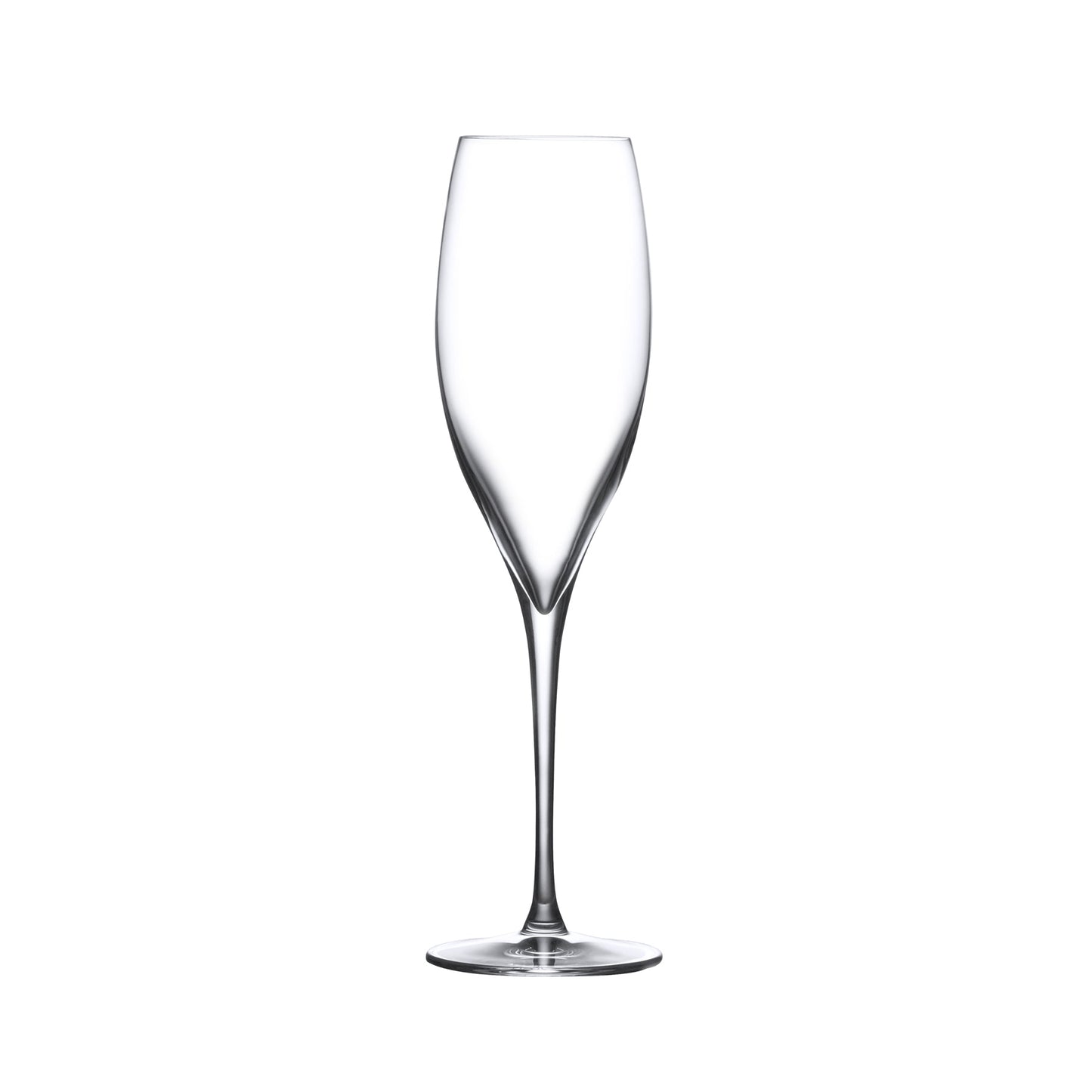 A single NUDE Glass Terroir crystal champagne flute detailing the tapered bowl and slender stem.