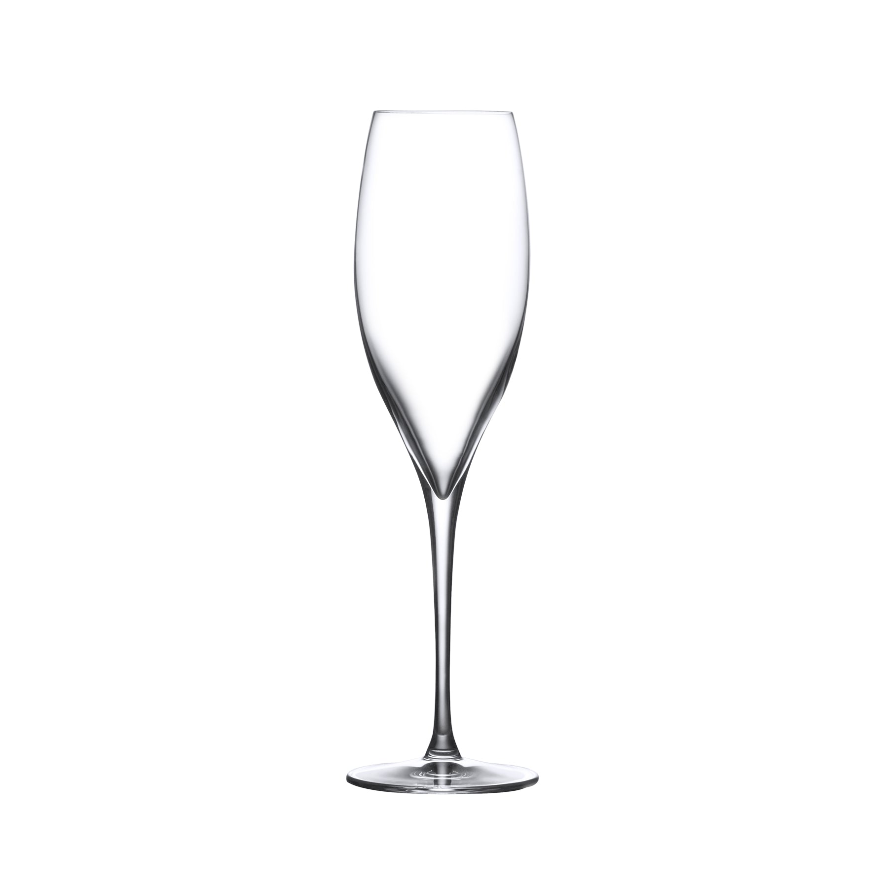 A single NUDE Glass Terroir crystal champagne flute detailing the tapered bowl and slender stem.