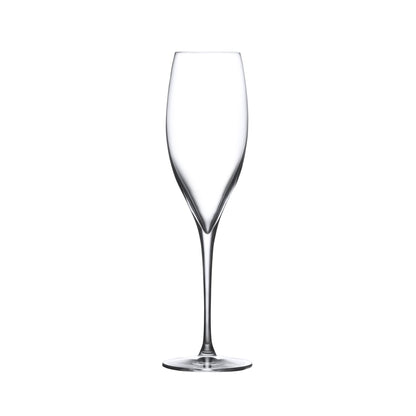 A single NUDE Glass Terroir crystal champagne flute detailing the tapered bowl and slender stem.