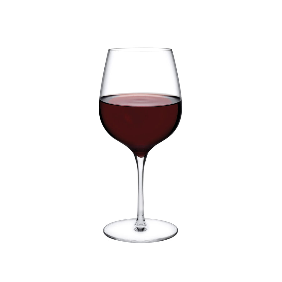 A pair of elegant NUDE Glass Terroir red wine glasses showcasing their minimalist silhouette and crystalline clarity.