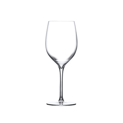 A single NUDE Terroir lead-free crystal white wine glass emphasizing its refined architectural stem