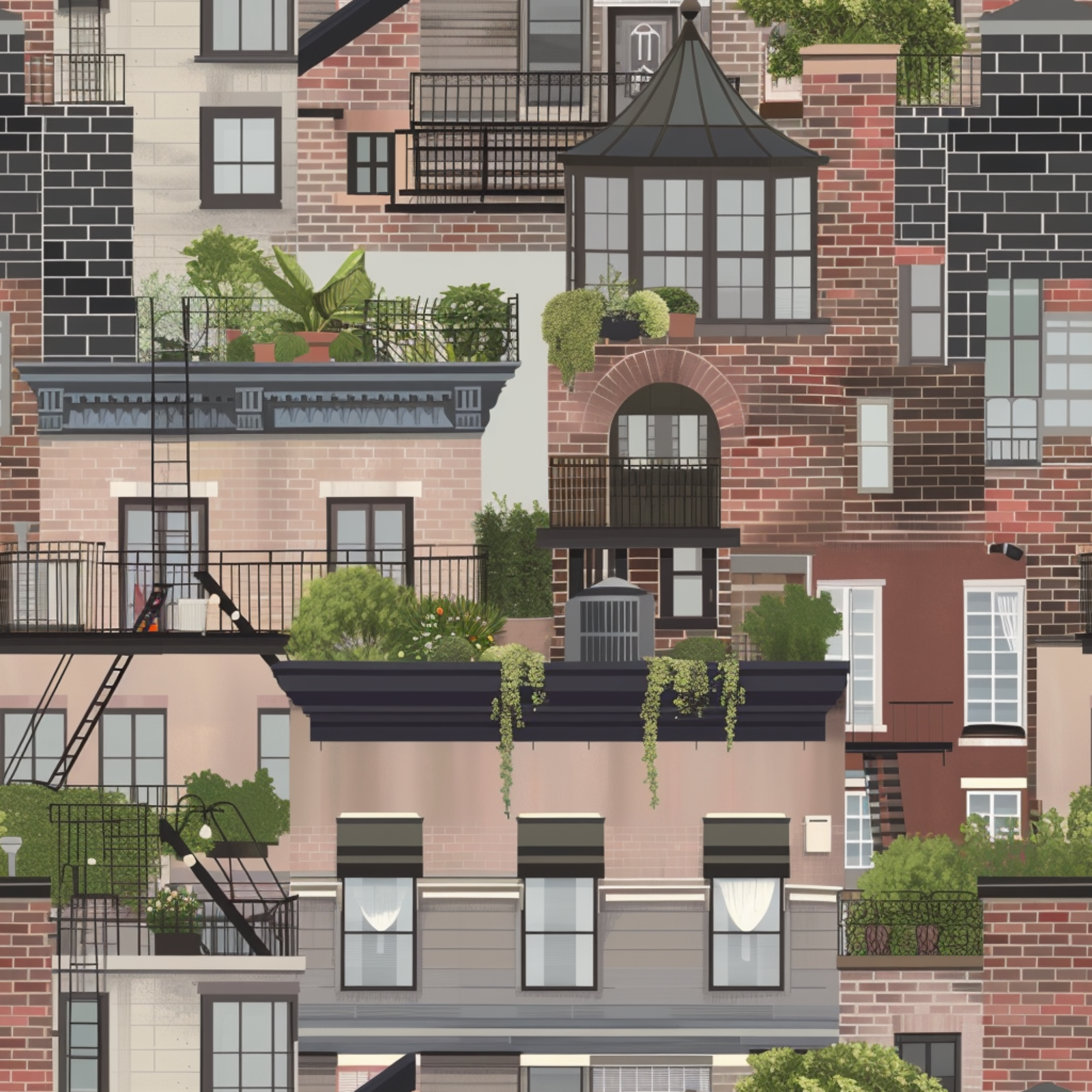 Full pattern repeat swatch of Planted Terraces wallpaper in the Red Brick colorway.