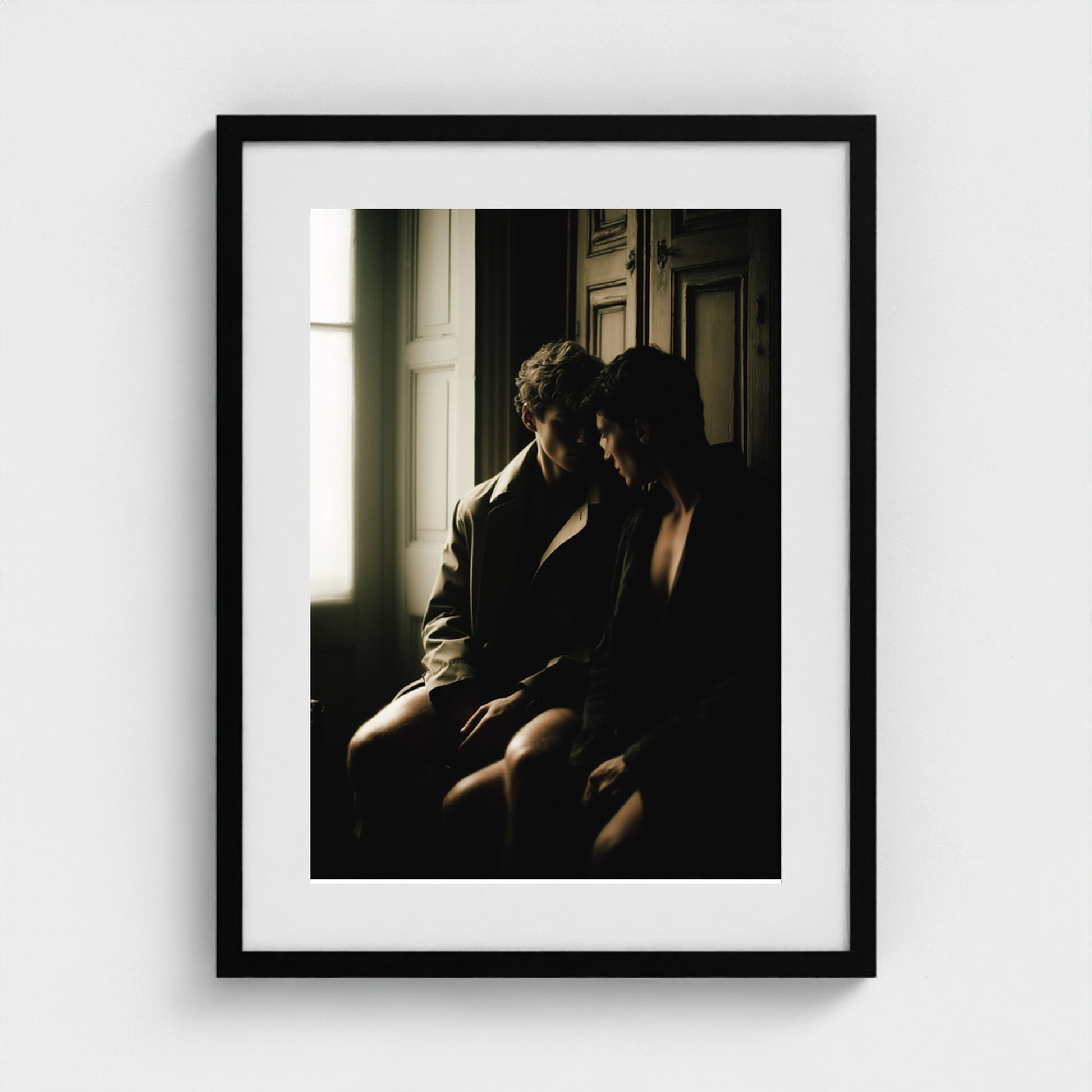 Private Time 18x24 art print in a contemporary black frame, displayed in a curated living space.