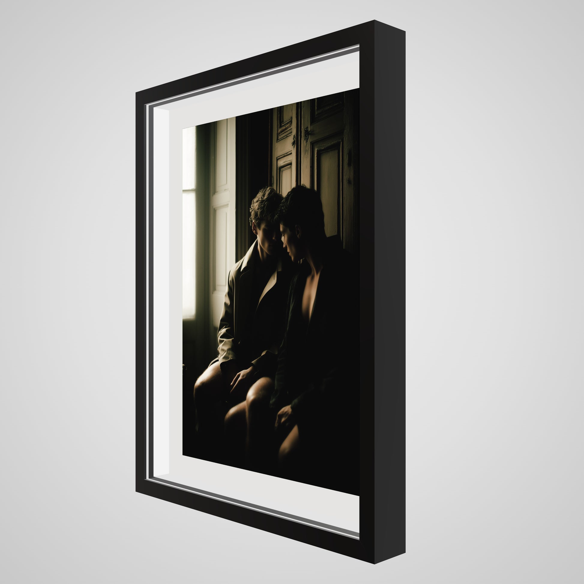 Angled profile of Private Time 18x24 art print, showing the deep black spacer frame details.