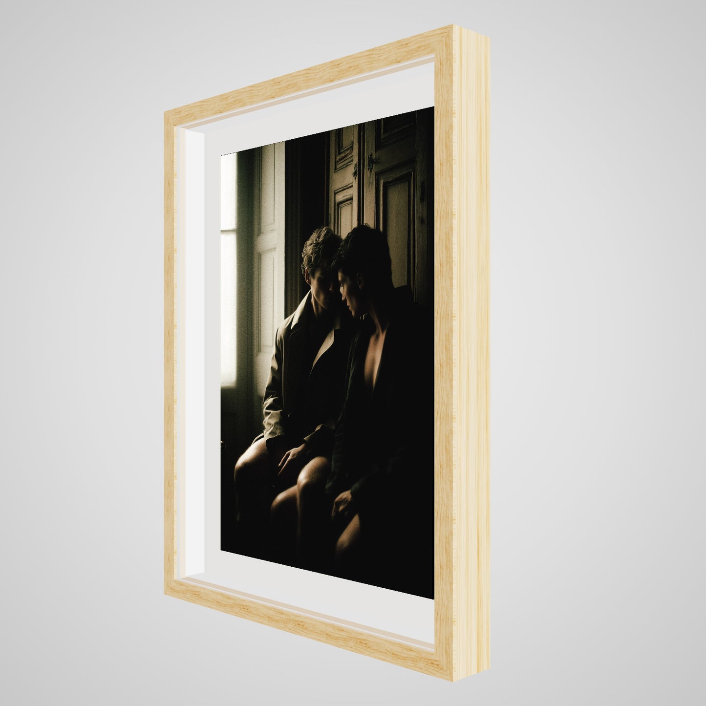Angled detail of Private Time 18x24 portrait print, displaying the natural oak spacer frame.