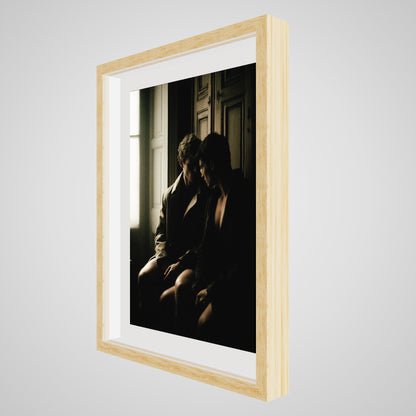 Angled detail of Private Time 18x24 portrait print, displaying the natural oak spacer frame.