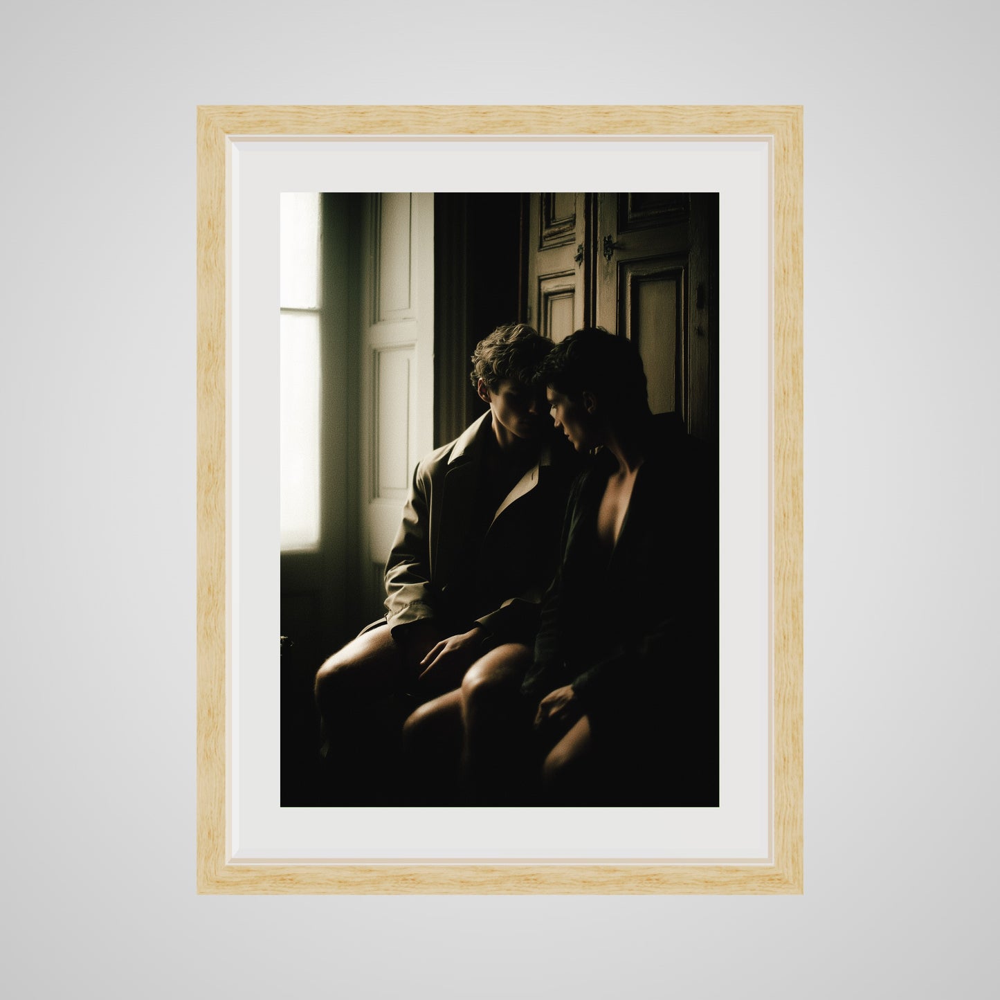 Front view of Private Time 18x24 portrait print, featuring a deep natural oak spacer frame.
