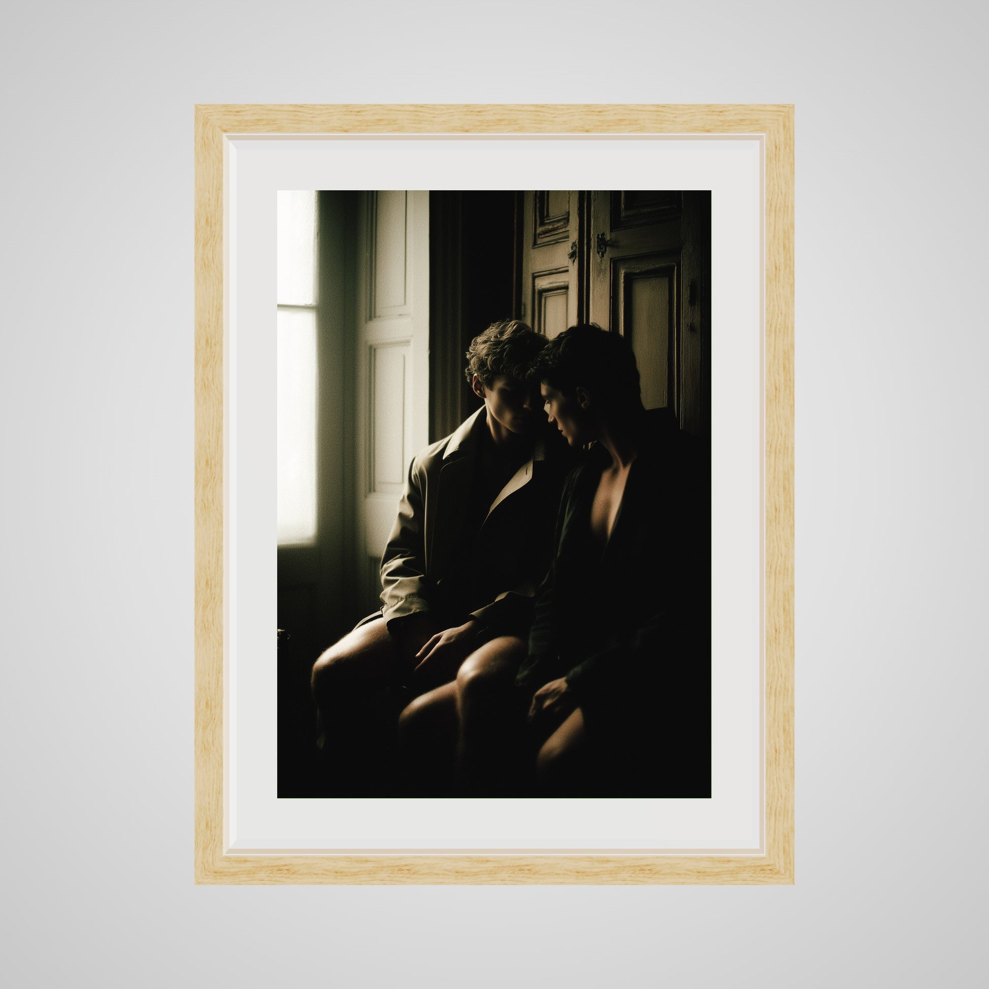 Front view of Private Time 18x24 portrait print, featuring a deep natural oak spacer frame.