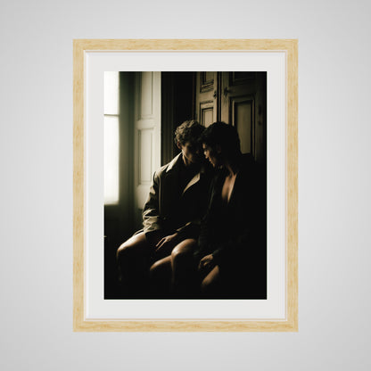 Front view of Private Time 18x24 portrait print, featuring a deep natural oak spacer frame.