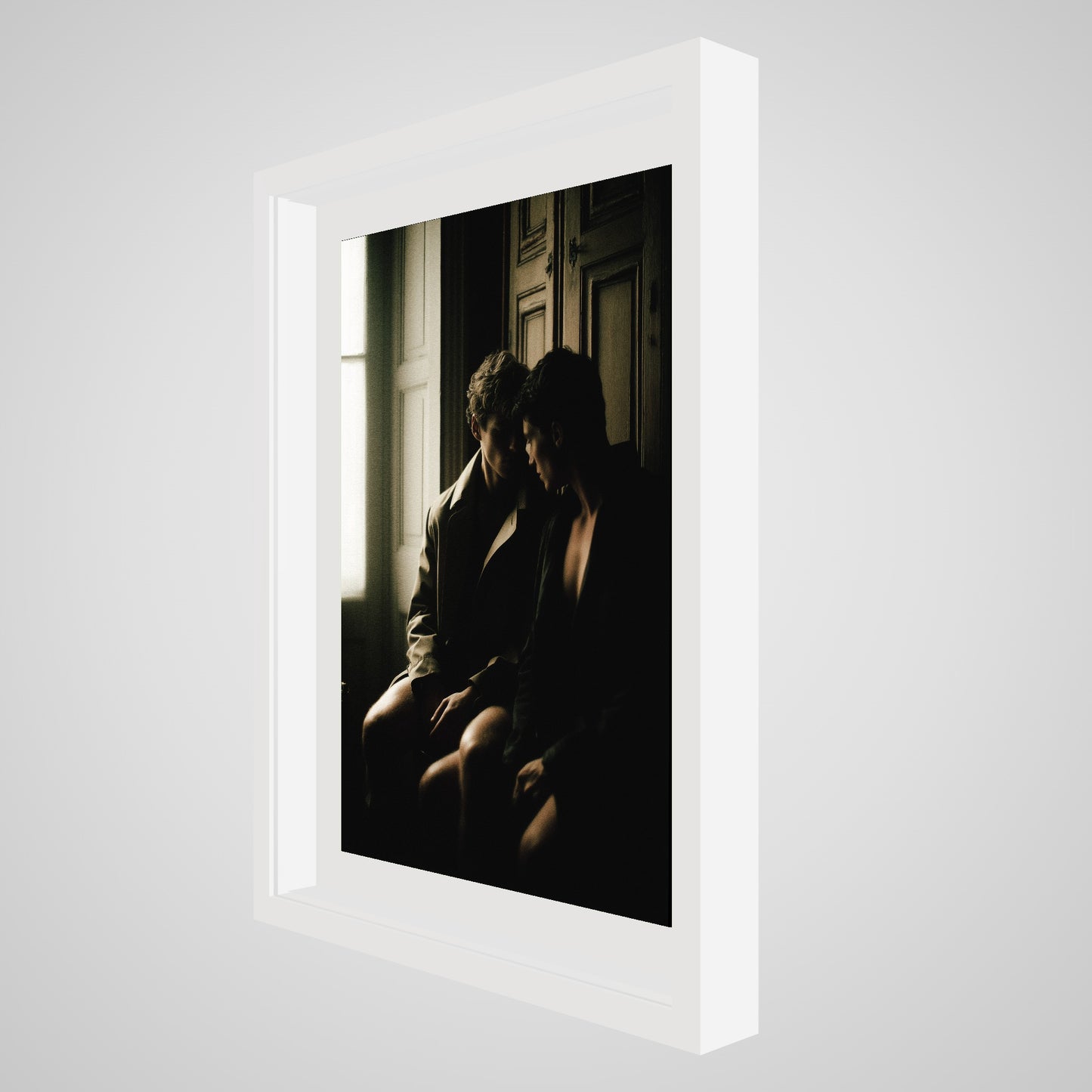 Angled view of Private Time 18x24 art print, showcasing the white spacer frame construction.
