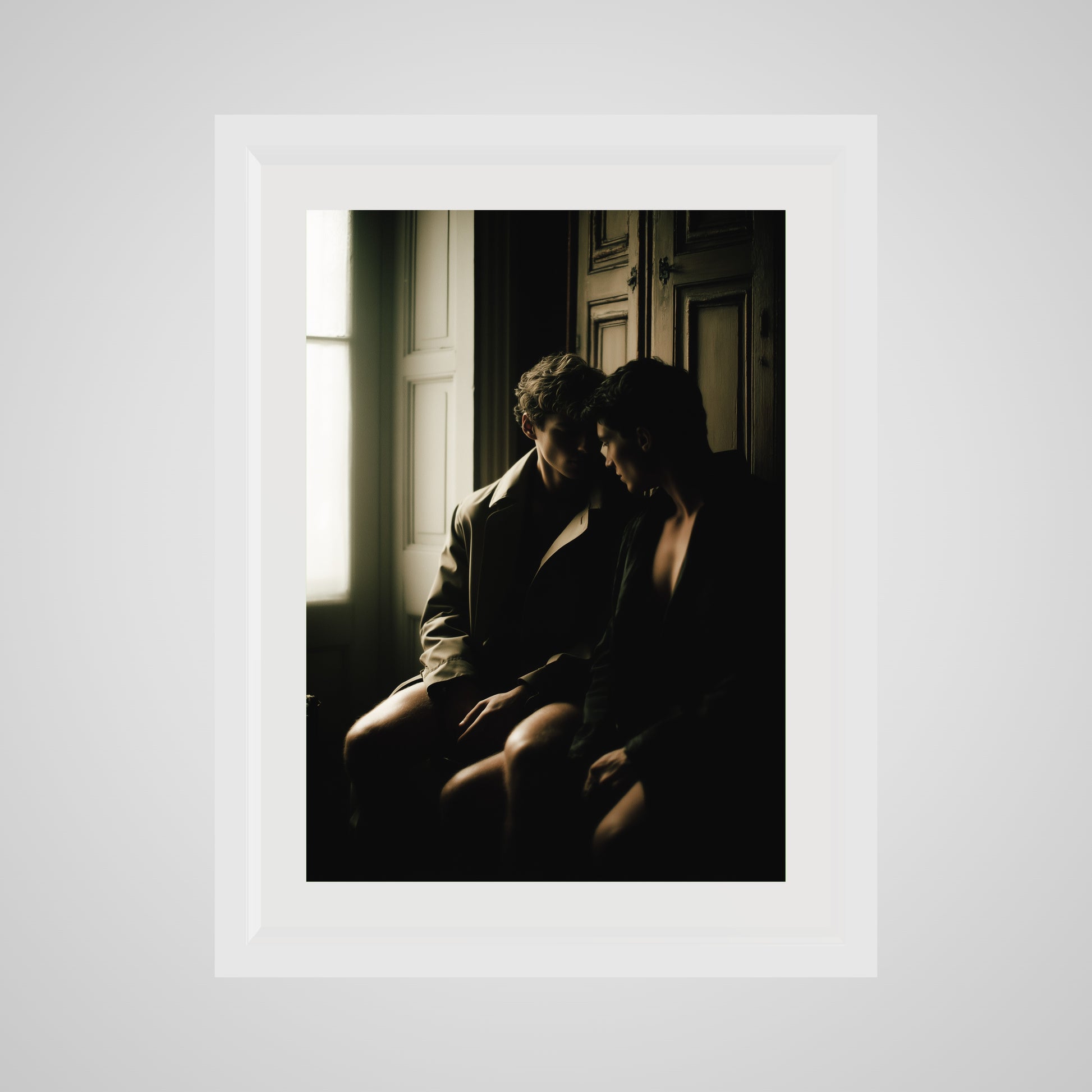 Front view of Private Time 18x24 art print, featuring a deep white spacer frame.