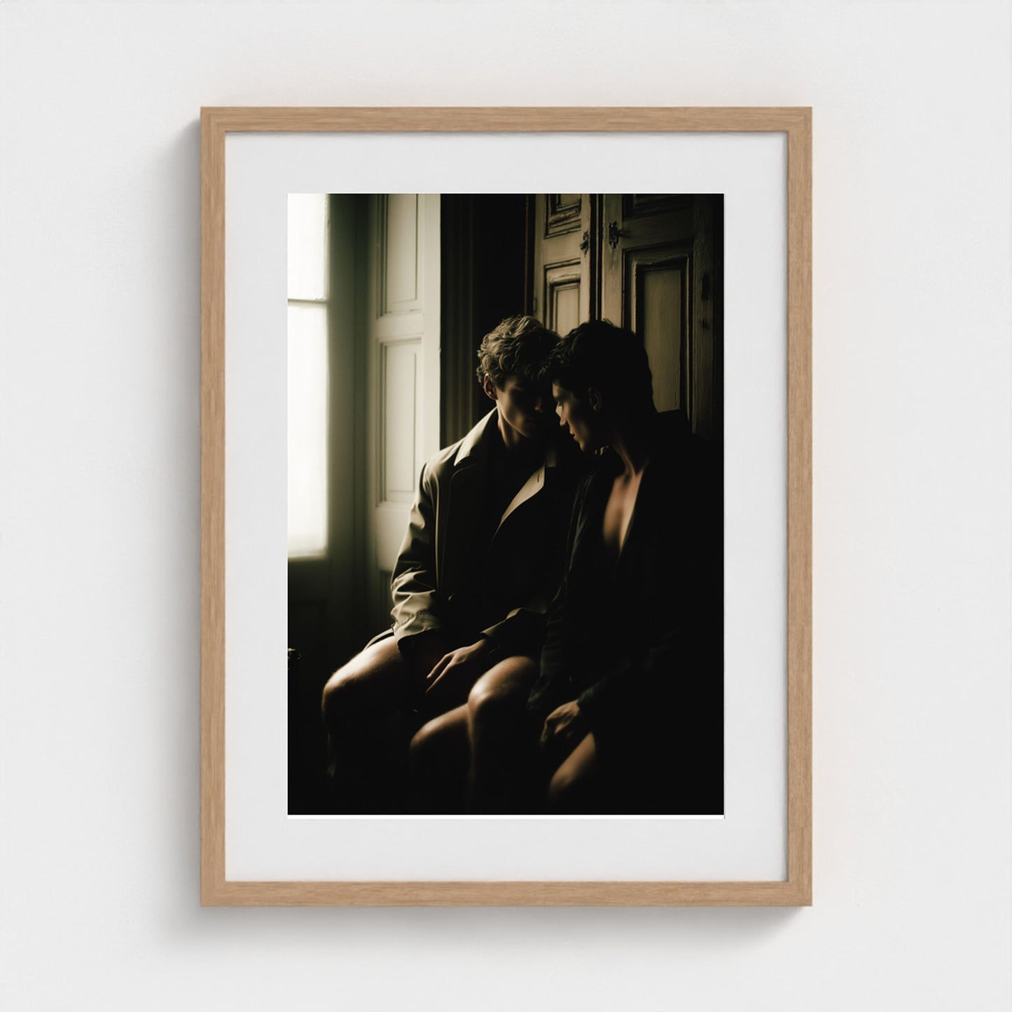 Private Time 18x24 portrait print in a natural oak frame on a modern gallery wall.