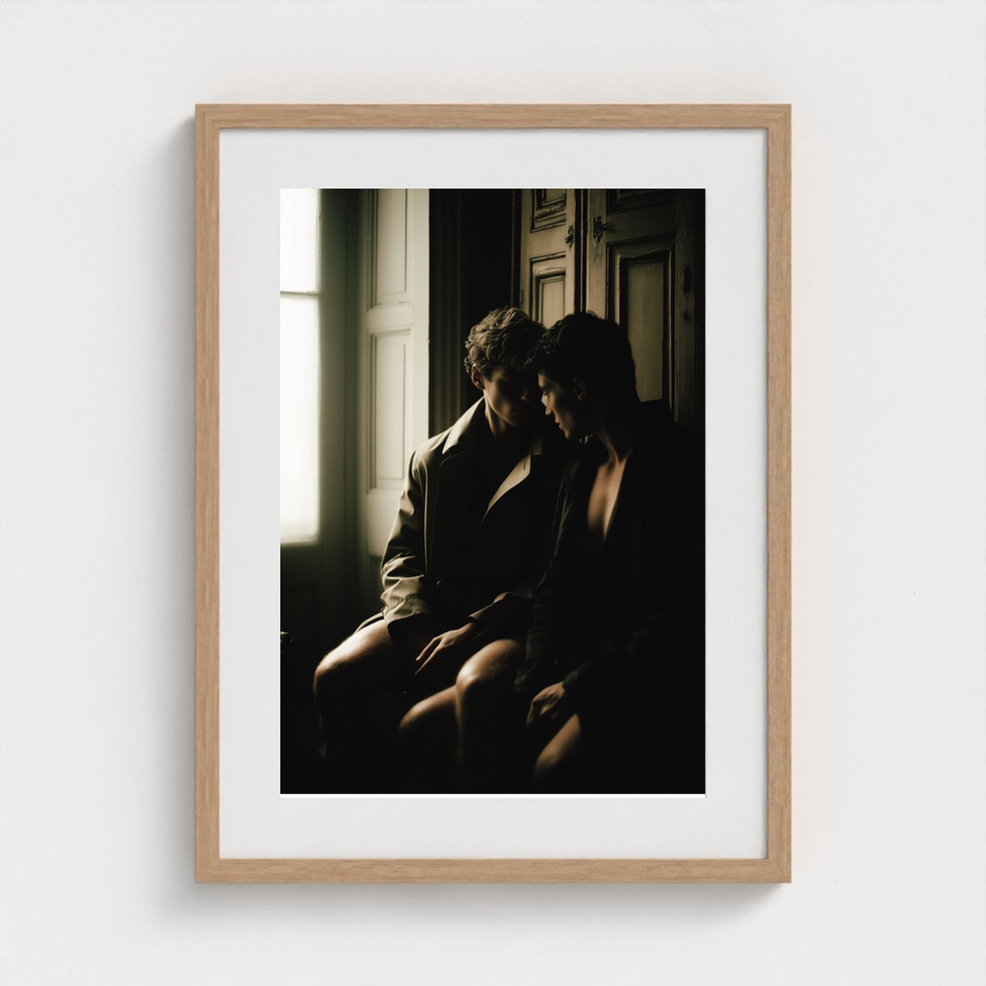 Private Time 18x24 portrait print in a natural oak frame on a modern gallery wall.